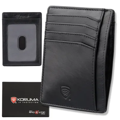 Produktbild von Flache Geldbörse Kartenetui, Premium Echtleder RFID-Blocker Slim Geldbeutel Kreditkartenetui mit ID-Fenster Tap&Go Schwarz / KORUMA®