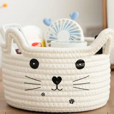 Imagen del producto de Cesta de almacenamiento hecha de cuerda de algodón, de 21 x 12 cm, con asas, ideal para juguetes de gatos y perros