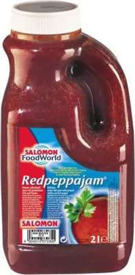 A product shot of a large bottle of red pepper jam.