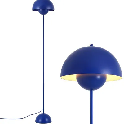 A blue floor lamp with a dome-shaped shade is shown against a white background. A close-up view of the lamp's shade is also provided.
