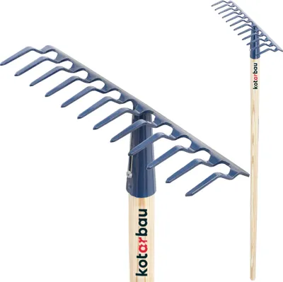 Produktbild von KOTARBAU® Laubrechen 32 cm Metall Rechen für Gras & Laub mit Holzstiel 132 cm Gartenrechen Rasenrechen mit 12 Zinken Stahl Marineblau