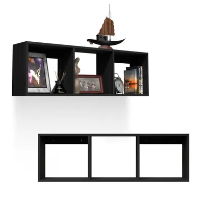 Produktbild von Bücherregal - Wandregal - Hängeregal - Schweberegal - Würfelregal 110x35x20 cm Regal schmal - Deko Wohnzimmer  Regal Schwarz Holz  Pflanzenregal FTS 6