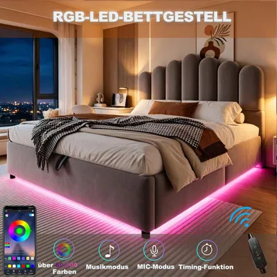 Produktbild von MODFU Samt Polsterbett Jugendbett 140x200 mit LED,Doppelbett mit Bettkasten und gepolstertem Kopfteil,Funktionsbett mit großer Stauraum,ohne Matratze,Grau