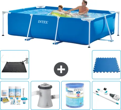 Produktbild von Intex-Schwimmbecken mit rechteckigem Rahmen – 260 x 160 x 65 cm – Blau – im Lieferumfang enthalten Wartungspaket - Filterpumpe für Schwimmbad - Filter - Staubsauger - Solarmatte - Bodenfliesen