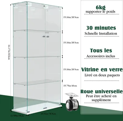 Obrázok produktu pre Sklenená vitrína – sklenená vitrína – 163 × 78,5 × 35 cm – 4 police – LED osvetlenie – 2 dvere so zámkom – biela