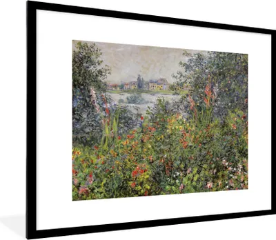 Produktbild von MuchoWow® Gerahmtes Poster Blumen bei Vetheuil - Gemälde von Claude Monet 80x60 cm - Poster mit Schwarzem Bilderrahmen Wandposter Rahmen Foto Bilder - Schlafzimmer-Dekorationen - Fotoposter