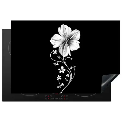 Produktbild von KitchenYeah© Herdabdeckplatte Blume - Schwarz - Weiß , 78x52cm, Küche Deko, Glaskeramikkochfeld Herdabdeckung, Abdeckplatte fùr Kochfeld