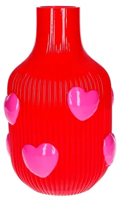 Produktbild von Rote Blumenvase 25cm mit rundum geprägten rosa Herzen