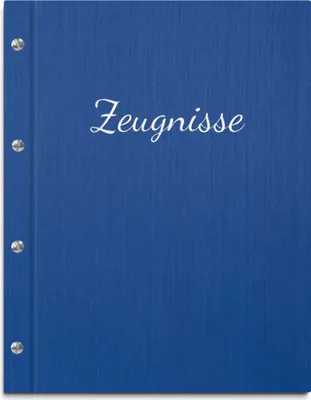 Produktbild von Zeugnismappe im blauen Einband in Leinenoptik mit Prägeschrift in silber – handgefertigte Mappe für Zeugnisse inkl. 12 Sichthüllen