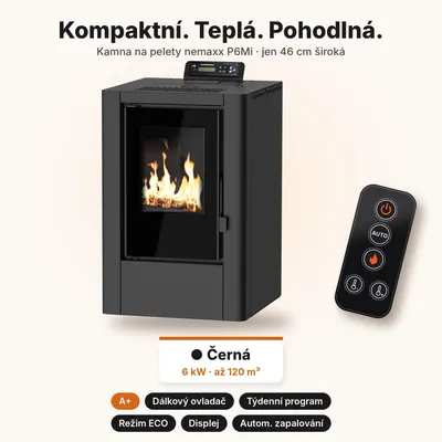Obrázek produktu pro NEMAXX® P6Mi peletová kamna 6 kW A+ kompaktní, 120 m³, ovladač, černá