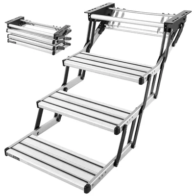 Produktbild von VEVOR Einziehbare Wohnmobiltreppe (3 Stufen), Wohnmobiltrittstufen mit 199,58 kg Tragkraft, Teleskopisch Klappbare Einstiegstreppe aus Aluminiumlegierung, Rutschfester Stahlrahmen für Wohnwagen
