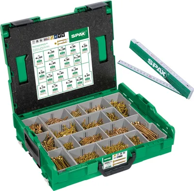 Produktbild von SPAX Montagekoffer, L-BOXX, Groß, Yellox A2L, Kreuzschlitz Z, Senkkopf, 17 Abmessungen, 2930 Stück, inkl. 5 SPAX Bits und SPAX Zollstock