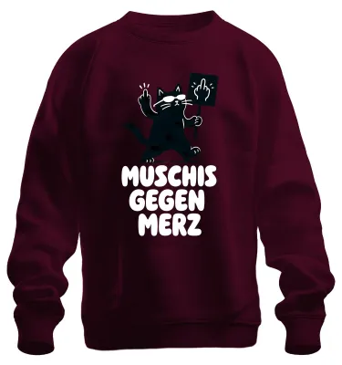 Productafbeelding van Muschis tegen Merz: Kat, middelvinger, sarcastische opmerking. Sweater/trui, bordeauxrood, maat XXL