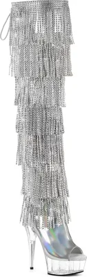 Produktbild von DELIGHT-3017HG-RSF Pleaser Plateauoverkneestiefel silber Holo Strass Fransen