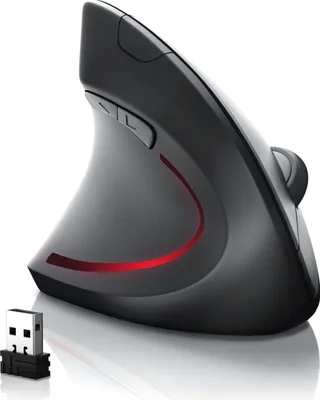 A black vertical ergonomic mouse with a red LED accent light and a small USB receiver are shown on a white reflective surface.