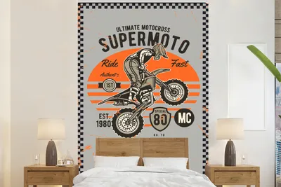 Produktbild von MuchoWow® Fototapete für Wohnzimmer oder Schlafzimmer Wandtapete Vinyl Motivtapete Mancave - Motor - Motocross - Retro - 160x240 cm - Vinyltapete