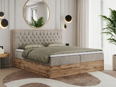 Produktbild von MKS MEBLE Boxspringbett 140x200 mit Bettkasten Eiche, Polsterbett 140x200 mit Matratze H3, Bett 140x200 mit Kopfteil, Bett mit Holzrahmen in Wotan Eiche - Beige Struktur - Amore