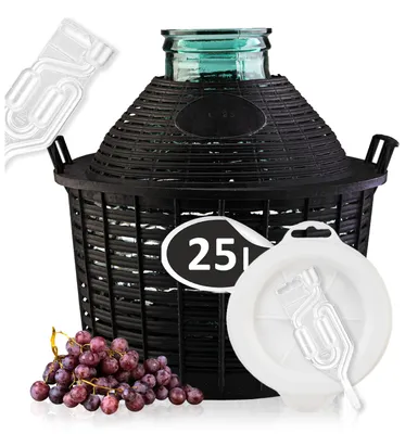 Zdjęcie produktu dla Zestaw - BALON - 25 L - dama galon dymion z szerokim otworem na wino w koszu + kaptur + rurka
