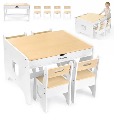 Image de Ensemble de meubles pour enfants - Table avec 2 tiroirs et 4 chaises - Design en bois - Motifs d'ours - Pour les enfants de 3 à 6 ans - Blanc