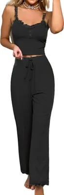 Produktbild von Damen Pyjama Set Cami Schlafanzug Spaghettiträger Bauchfrei Tops Camisole Lang Hose Hauseanzug Kombi 2-Teiler Home Set Schwarz M
