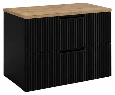 Produktbild von Badezimmerschrank hängend 80 mit Schubladen, Korpus in Schwarz + Platte in Eiche Craft, mit Griffen, 80 x 46 x 58,6 cm, KI-generiertes Bild