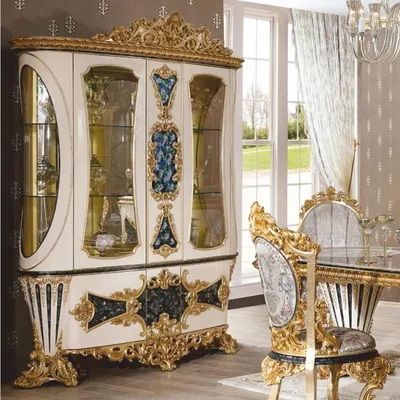 Produktbild von Casa Padrino Luxus Barock Vitrine Weiß / Blau / Gold 180 x H. 245 cm - Prunkvoller Massivholz Vitrinenschrank - Barock Möbel