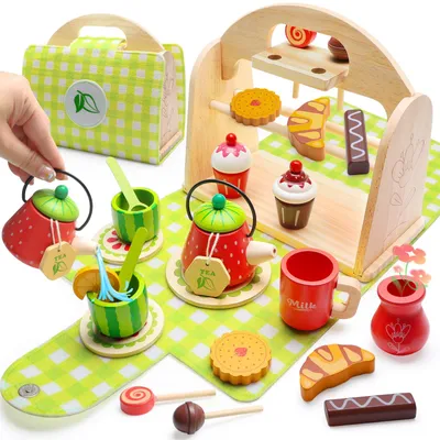 Produktbild von Kinderküche Teeservice Kinder,Holz Kinderküche Zubehör,23 Teiliges Spielküche Zubehör mit Holzkoffer,Rollenspiel Outdoor Spielzeug Nachmittagstee