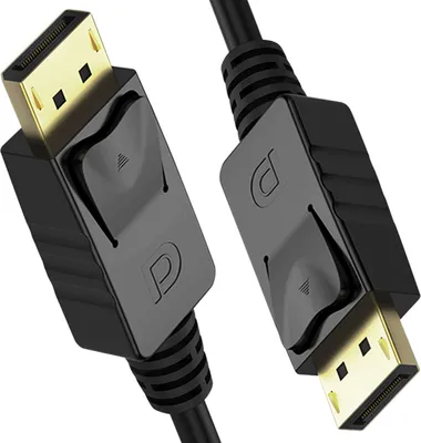 A close-up shot of two DisplayPort connectors on a black cable against a white background.