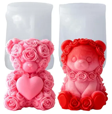 Immagine prodotto di Stampo in silicone 3D a forma di orso con rosa – 2 pezzi. Stampo per candele ideale per progetti fai-da-te. Stampo riutilizzabile per candele, sapone, gesso ed resina epossidica