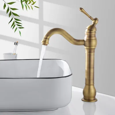 Image de Robinet de lavabo haut avec fonction de rotation à 360°, robinet de lavabo de style rétro, en laiton vieilli