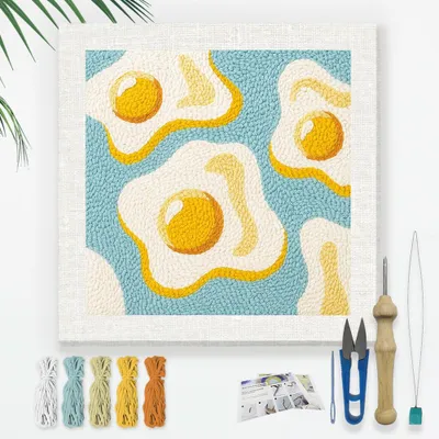 Image de Kit de broderie "Œuf au plat" pour technique au aiguillon - Ensemble complet pour débutants - Inclut un cadre à broder de 24 cm, du tissu, du fil et les outils nécessaires