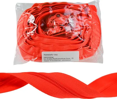 Produktbild von 6m Endlos-Reißverschluss 5mm mit 15 Zippern und Endstücke, Neonfarben Farbwahl, Farbe:neonorange