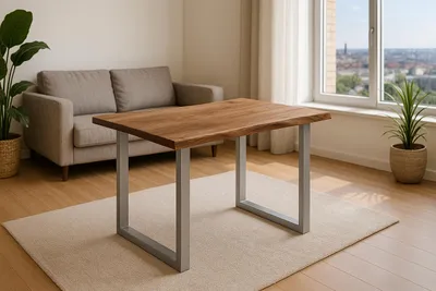 Produktbild von Esstisch Baumkante massiv Akazie stonefarben 140 x 80 cm silber LAURINA