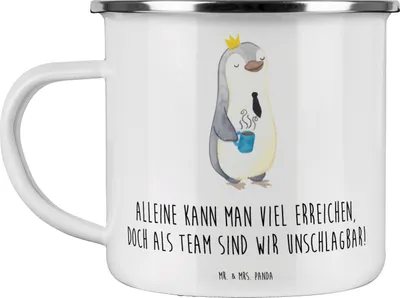 Produktbild von Mr. & Mrs. Panda Camping Emaille Tasse Im Team zusammenarbeiten - Weiß - Geschenk, Pott, Gemeinschaft, Einzigartigkeit, Kreativität, Geschenkideen, Zuversicht, Trost
