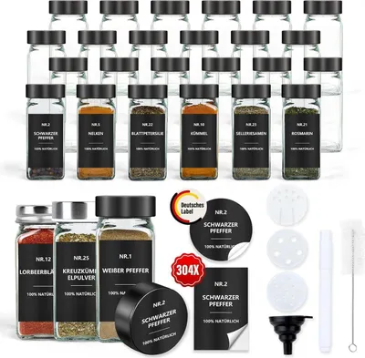 Obrázok produktu pre Súprava 24 nádob na korenie: hranaté 120ml sklenené posypové vložky Etikety - kuchynské skladovanie čierne