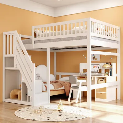 A white bunk bed with a desk and storage integrated into the structure, set in a room with orange walls and a circular rug on the floor.