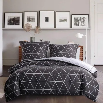 Immagine prodotto di Set di biancheria da letto in microfibra grigio-bianco, 3 pezzi, 200x200 cm, a righe