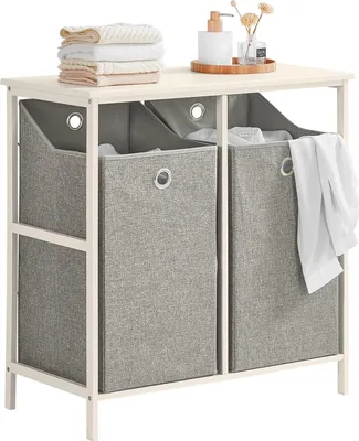 Zdjęcie produktu dla SoBuy Kosz na pranie - Kosz na pranie - Szafka na pranie w łazience - z półką - 2 przegrody - 2 wyjmowane worki na pranie - 77x38x80cm