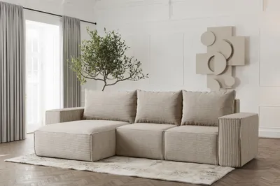 Produktbild von Ecksofa Designersofa ESTELLE in Stoff Poso Beige Ottomane Links