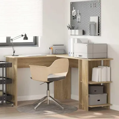 A corner desk with a chair and office supplies.