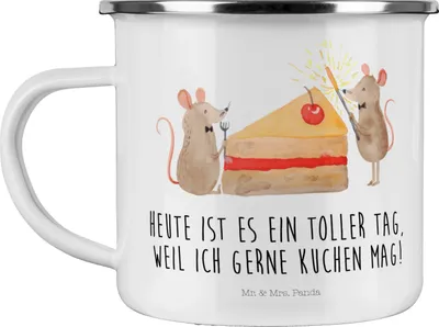 Produktbild von Mr. & Mrs. Panda Teetasse Mäuse Kuchen - Weiß - Geschenk, Emaille Tasse, Pott, Teebecher, becher, Geburtstag, Kuchenliebe, Maus, Happy Birthday, Campingbecher, Torte