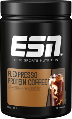 A black container of ESN Flexpresso Protein Coffee.