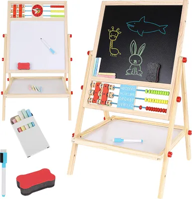 Produktbild von Holzstaffelei für Kinder – verstellbares magnetisches doppelseitiges Zeichenbrett, Whiteboard und Kreidetafel, Kunststaffelei für Kinder