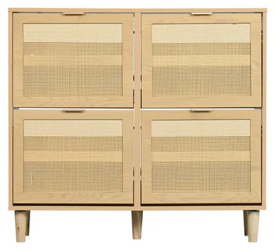 Produktbild von Schuhschrank - 4 Kippfächer - Rattanfronten - Metallgriffe - 100x25x90 cm - Holzoptik, rechteckiges Muster