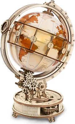 A detailed wooden model of a globe with intricate gears and a stand.