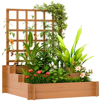Produktbild von Hochbeet mit Rankhilfe, 3-stufig Blumenkasten mit Vliesstoff Tannenholz, Braun, 95 x 95 x 110 cm