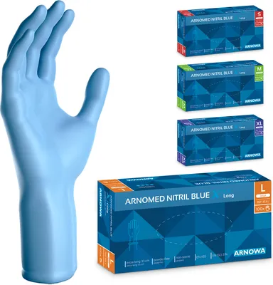 Produktbild von ARNOMED Nitril Handschuhe Blau, extra lang und robust, Größe L | Box (100 Stück)