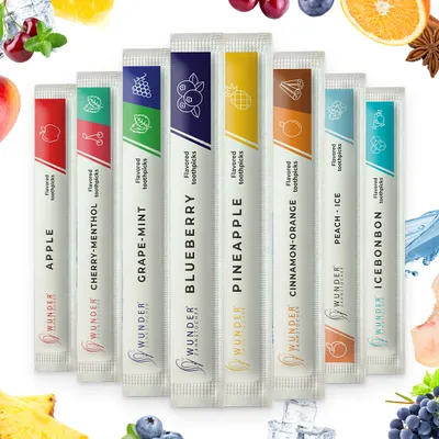 Produktbild von Wunder Zahnstocher - Zahnstocher mit Geschmack - 80x einzeln Verpackt - Plastikfreies Kaugummi - frischer Atem - Zuckerfrei, Vegan
