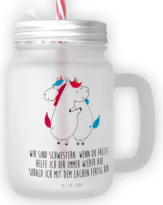 Produktbild von Mr. & Mrs. Panda Glas Einhörner Umarmen - Transparent - Geschenk, Unicorn, Freundin, Schwester, Becher mit Strohhalm, Cocktailglas, Freundinnen, Liebe, Einhorn, deckel