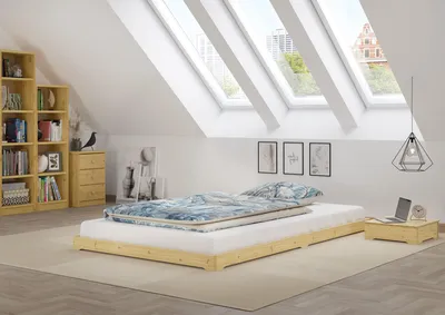 Produktbild von Teenagerbett Futon extra niedriges Studentenbett 120x200 Fichte Tanne geölt V-60.47-12Rollrost inkl.